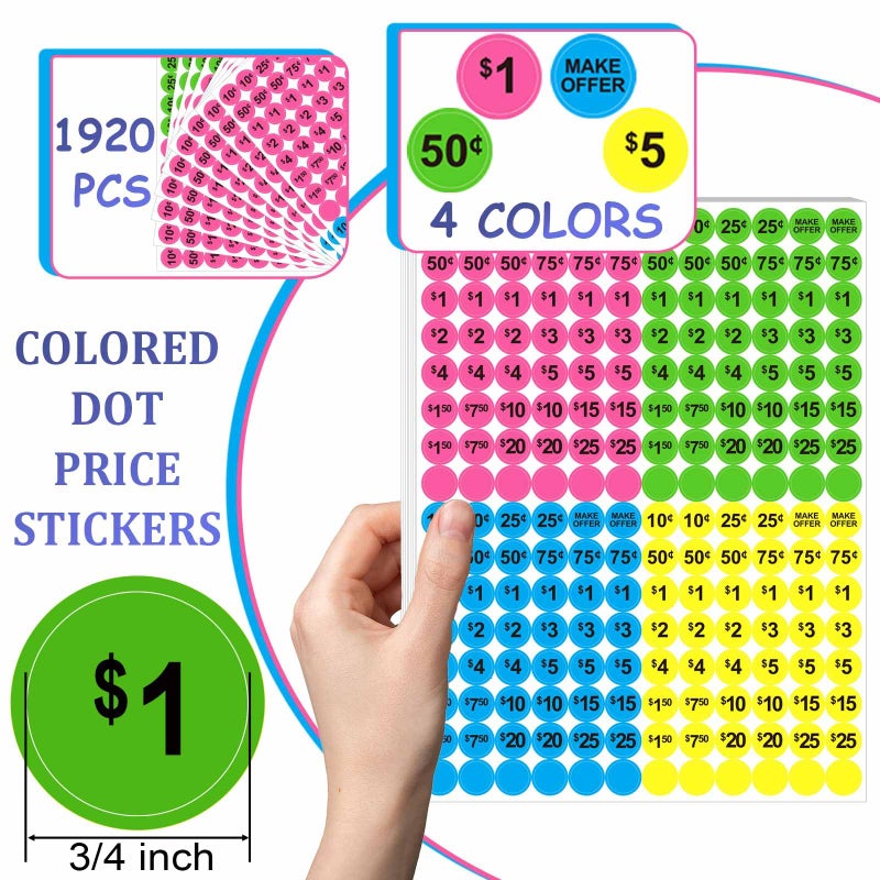 Dreecy Yard Sale Price Stickers Garage Sale Pre-Priced Price Tag Labels  1920 PCS 3/4"" Diameter Flea Market Pre-Printed Pricing Stickers for Retail Bright Neon Colors (Pink Green Blue Yellow) - Image 5